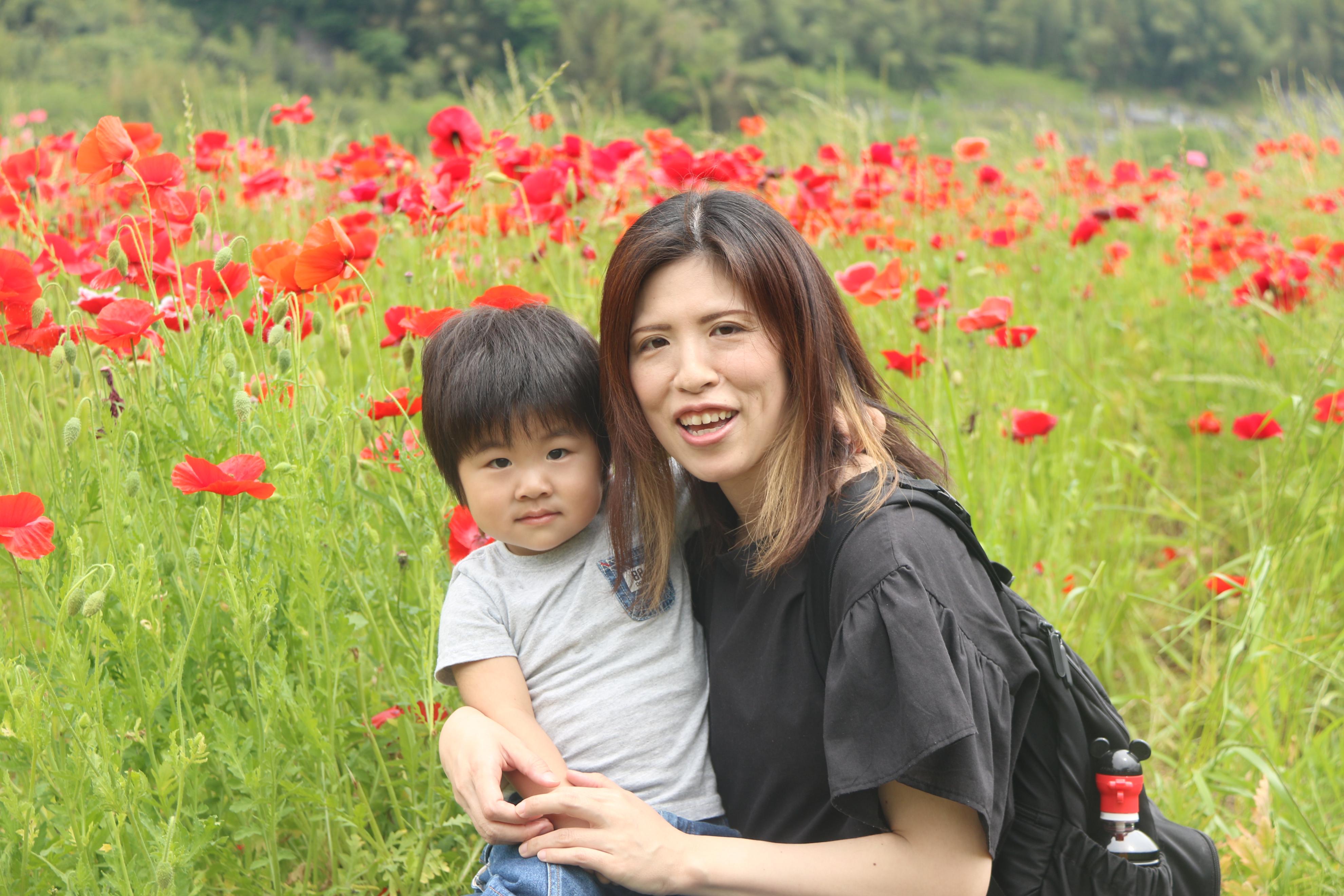 ポピー畑と親子の写真1