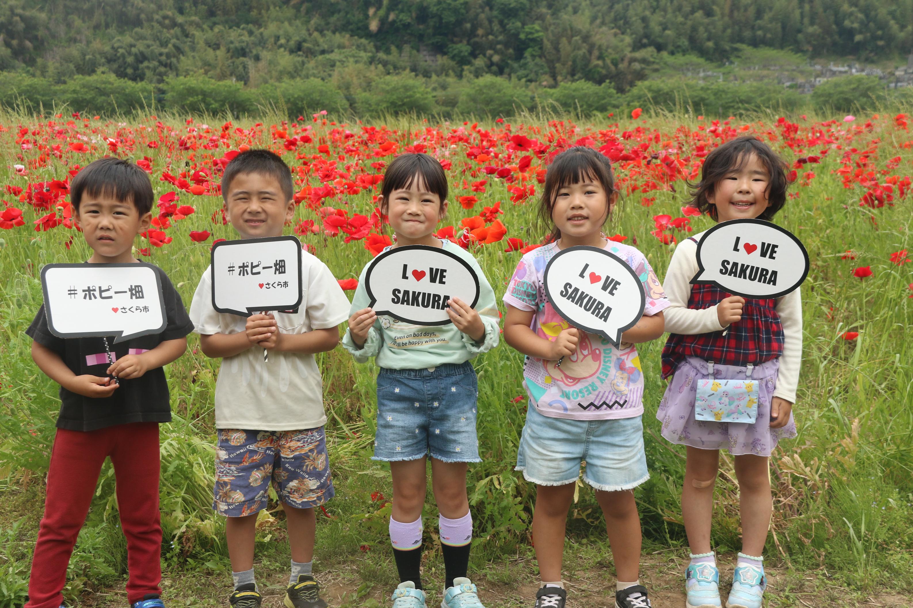 ポピー畑と子どもの集合写真