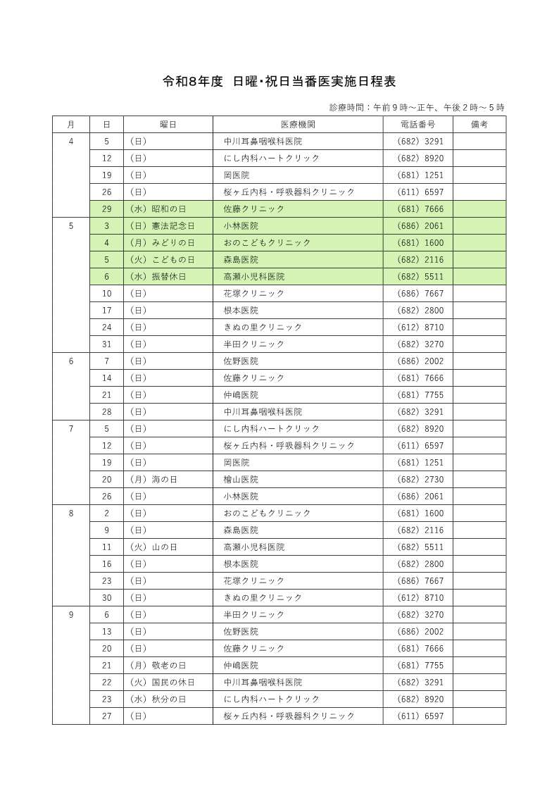 (HP掲載用)令和8年度日曜・祝日当番医実施日程表(上半期分) (HP掲載用)令和8年度日曜・祝日当番医実施日程表(上半期分)